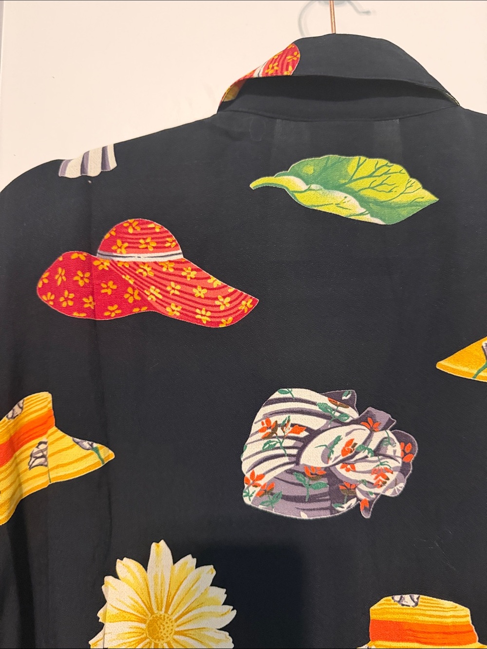 Black Short-Sleeve Button-Down Shirt with Yellow Floral & Multicolor Hat Print - Picture 8 of 8